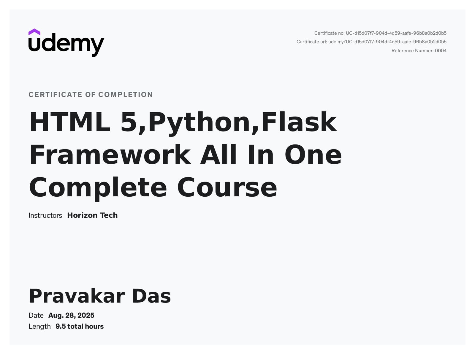 Udemy Course Completion Certificate