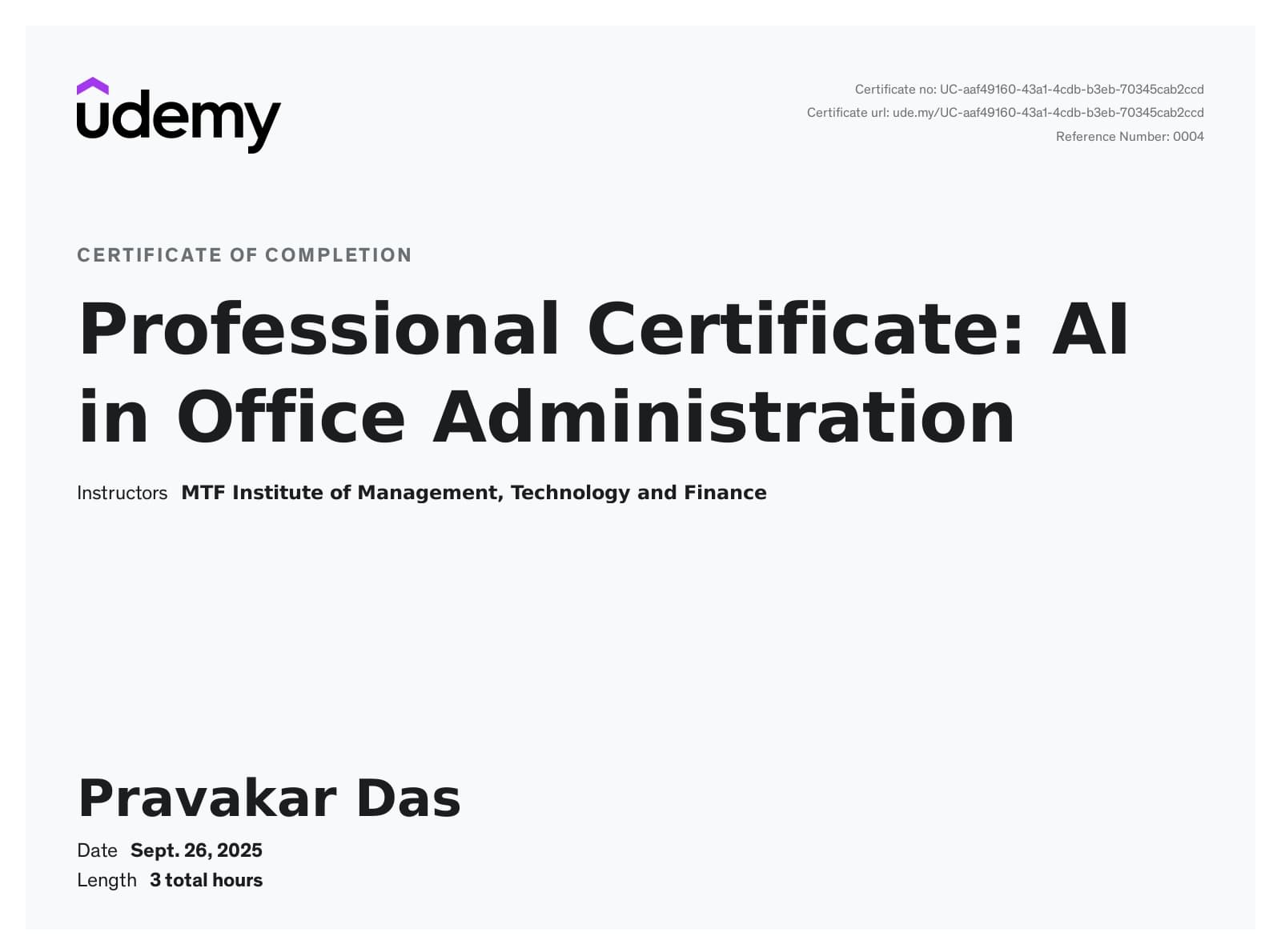 Udemy Course Completion Certificate